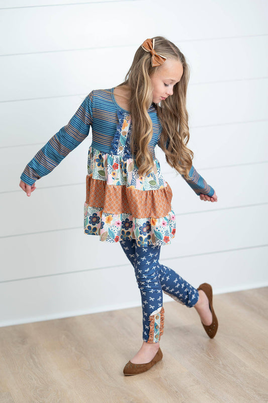 Adorable Sweetness - Girls Fall Blue Midnight Honey Ruffles 3 Tiered Pant Set