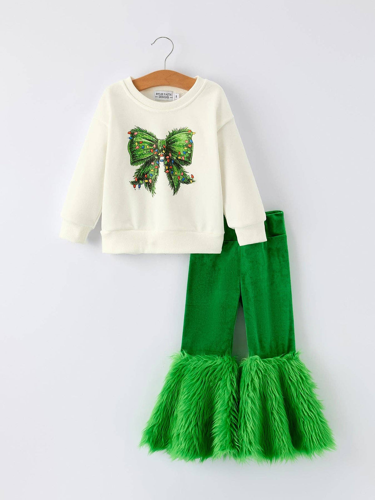 Rylee Faith Designs - Mommy & Me Christmas Bow Print Girls Outfit with Green Furry Bell Bottoms