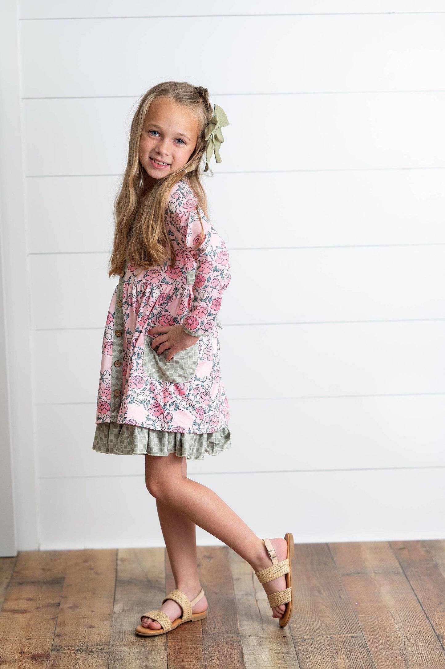 Girls Rose Floral & Sage Check Ruffle Pocket Tie Dress