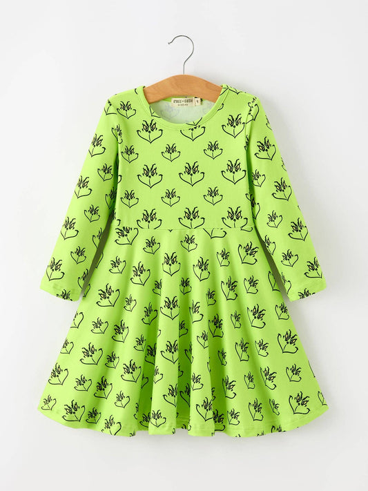 Christmas Abstract Face Print LS Twirl Dress