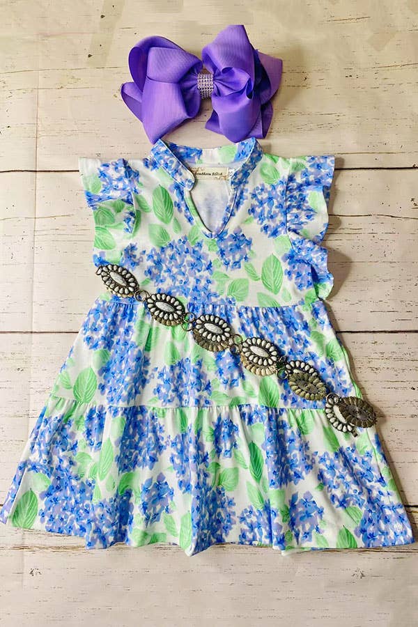 Green & blue floral flutter sleeves girls dress