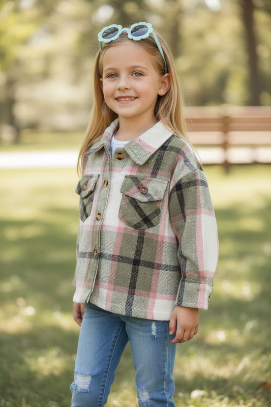 GRAY, PINK & BLACK PLAID PRINTED BUTTON UP SHIRT