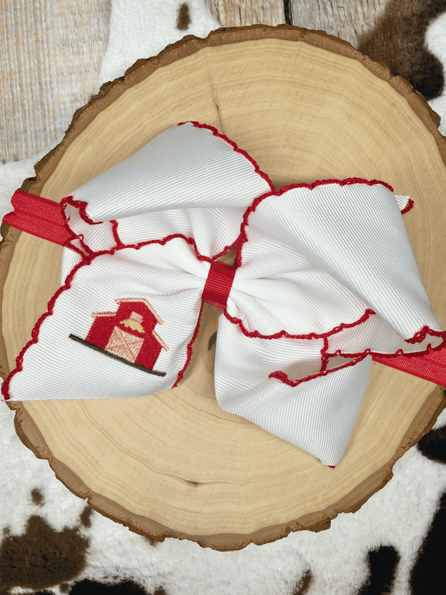 The Hair Bow Company - Little Red Farmhouse Barn Embroidered Hair Bow | Clip or Headband
