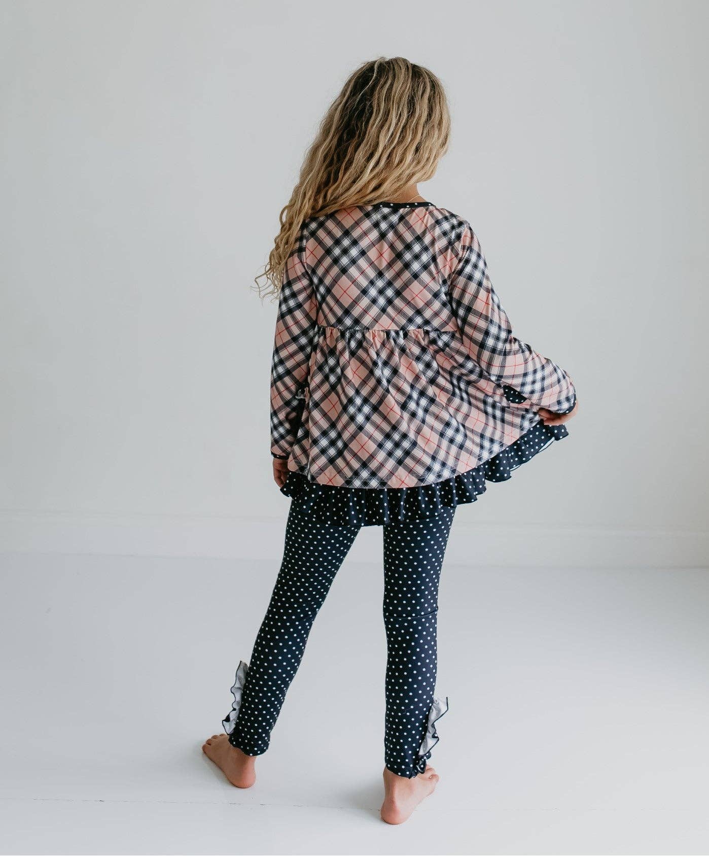 Adorable Sweetness - Girls Tan Plaid & Polka Dot Ruffle Pocket Button Legging Set