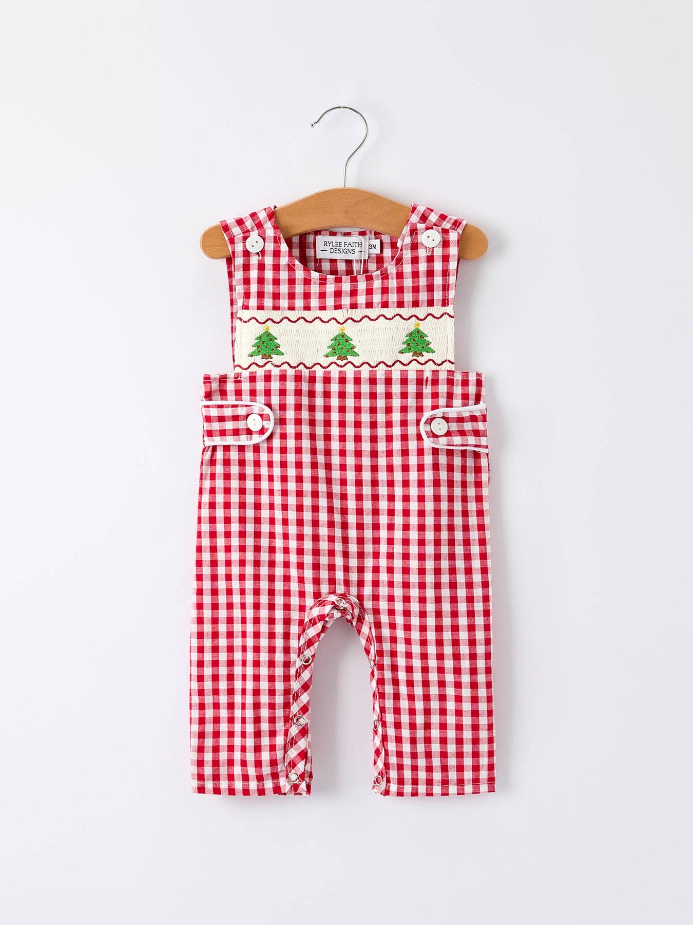 Rylee Faith Designs - Christmas Smocking Embroidered Tree Plaid Baby Boy Romper
