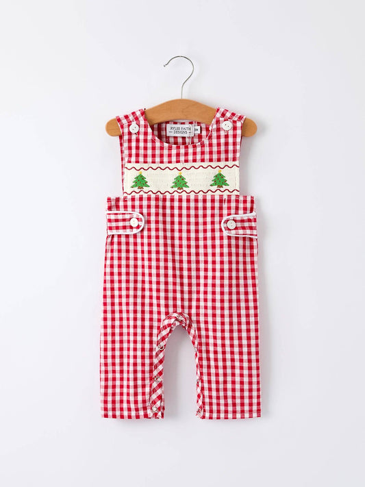 Rylee Faith Designs - Christmas Smocking Embroidered Tree Plaid Baby Boy Romper