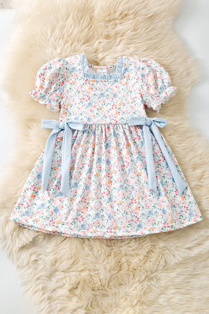 Blue & Coral Ditsy floral dress w/square neckline & side bows