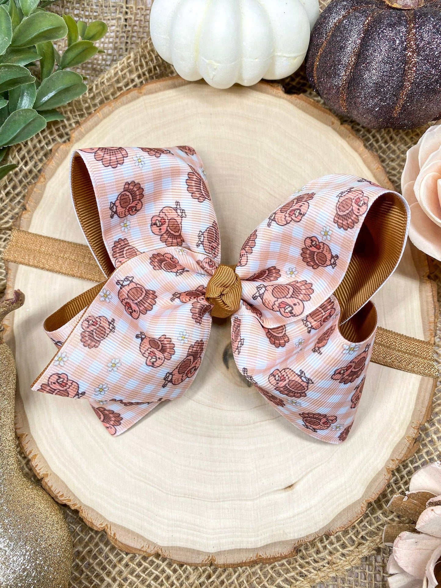 Turkey Print Gingham Bow | Thanksgiving Hair Bow | Clip or Headband