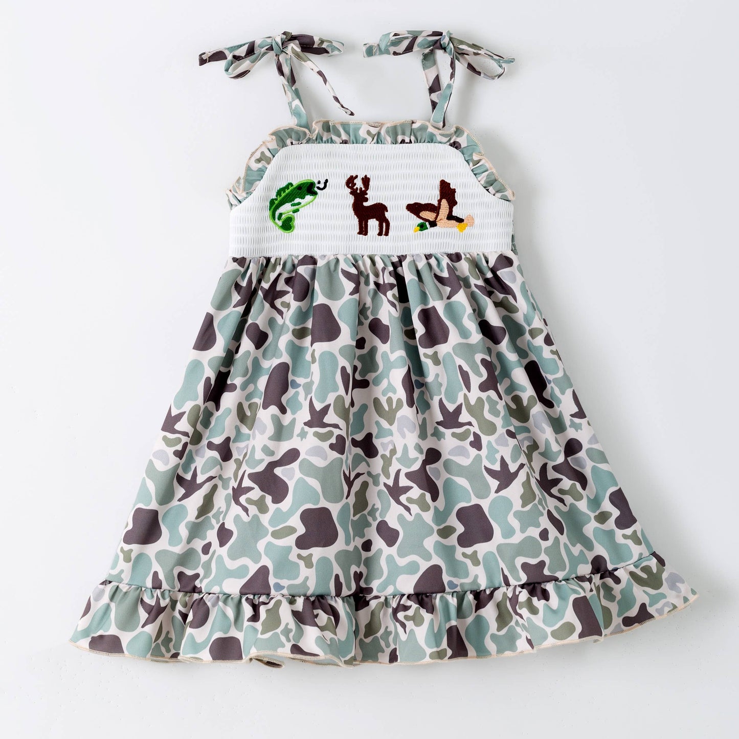 Clover Cottage - Muted Camo Smocked Girls Dress