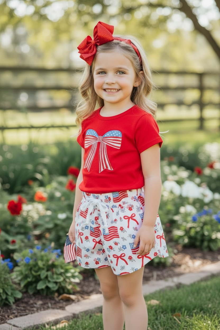 Embroidered Patriotic applique ted t-shirt and shorts.