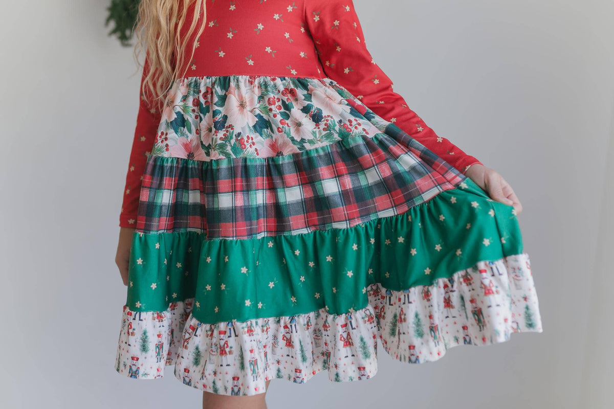 Oopsie Daisy - Girls Avery Long Sleeve Tiered Christmas Holiday Twirl Dress
