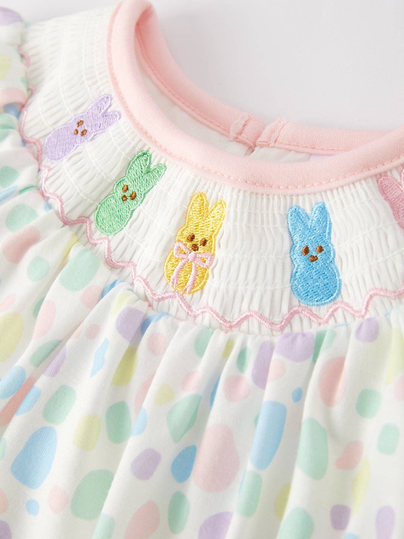 Rylee Faith Designs - Easter Smocking Embroidery Colorful Polka Dot Romper