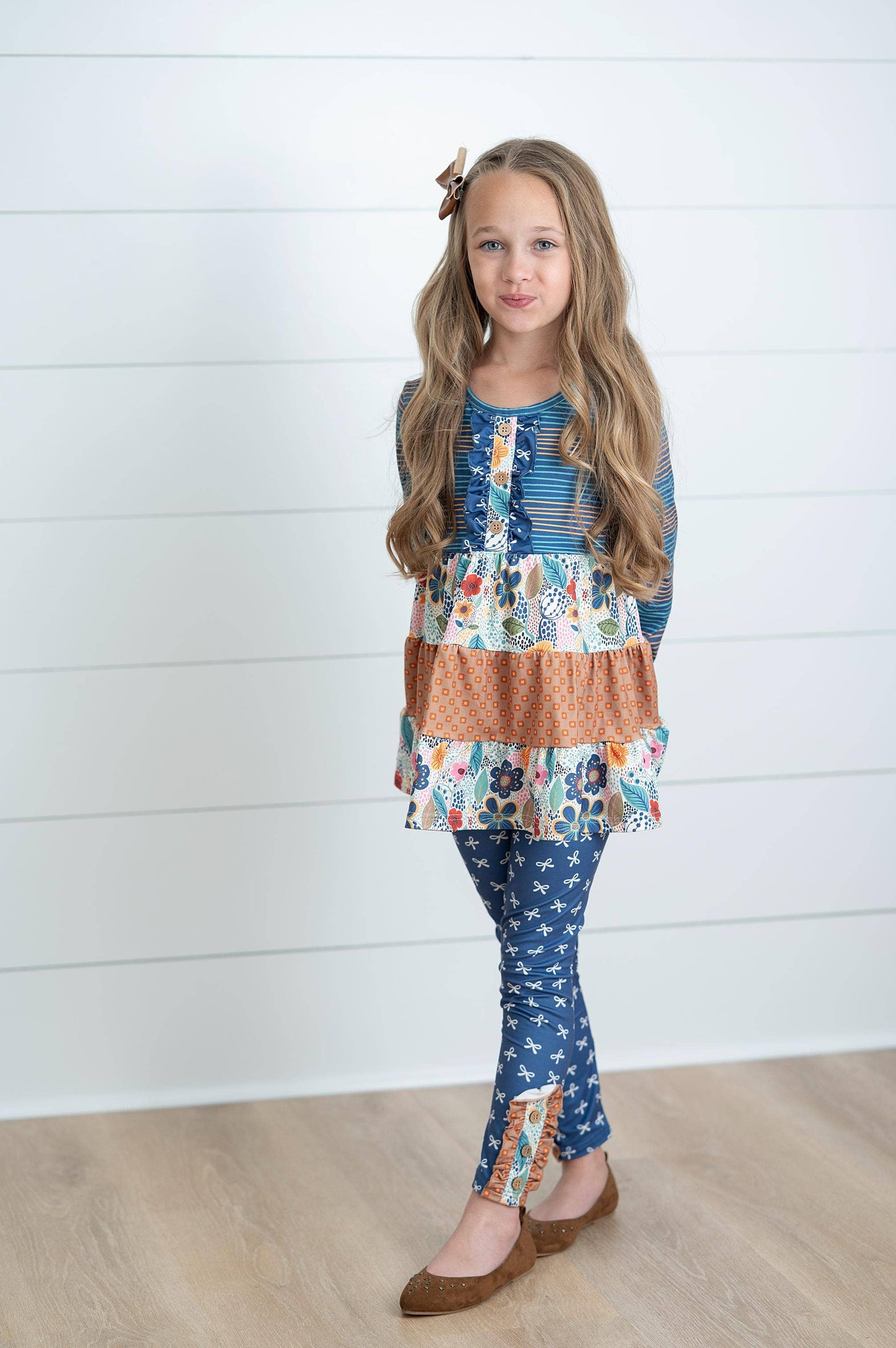 Adorable Sweetness - Girls Fall Blue Midnight Honey Ruffles 3 Tiered Pant Set