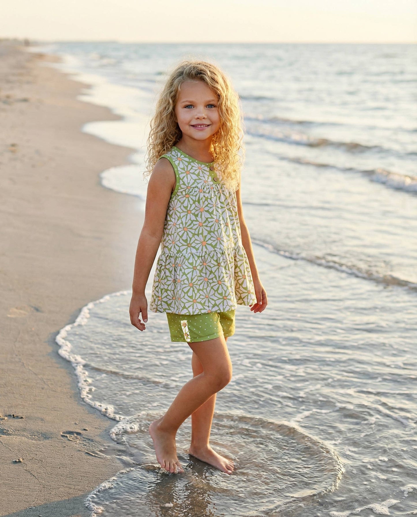 Kids Ruby Lime Green Daisy Spring Summer Short Set