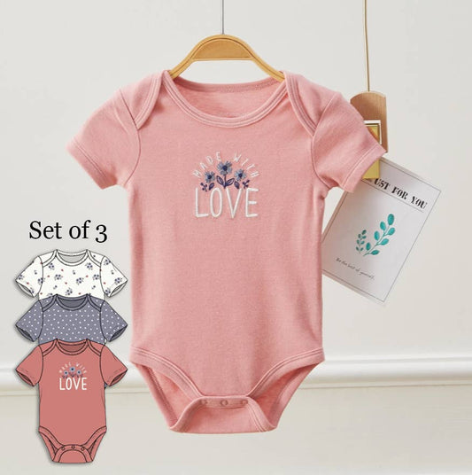 Pack of 3 Baby Girls Love & Flower Pattern Bodysuits