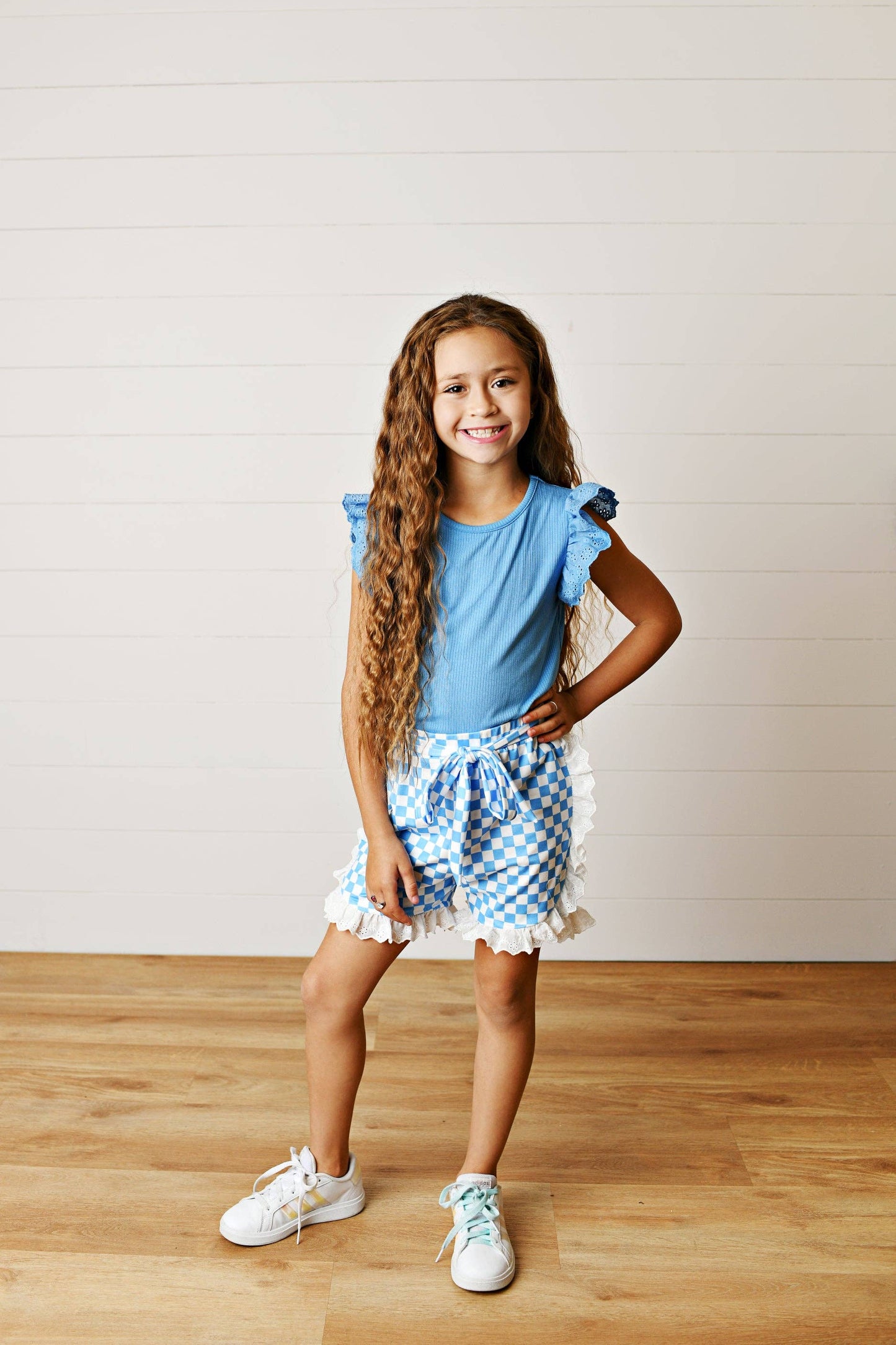 Girls Blue Lace Checkered Spring Summer Ruffle Short Set