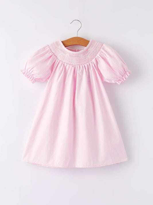 White Bow Smock Embroidered Pink Dress