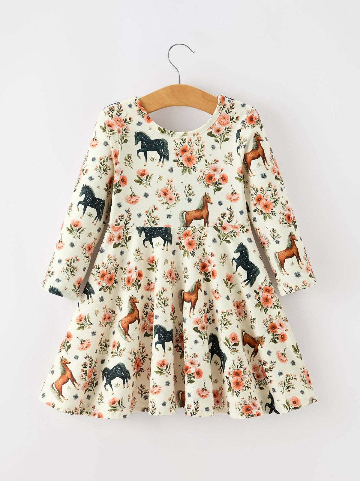 Western Floral Horse Print Girls Long Sleeve Twirl Dress