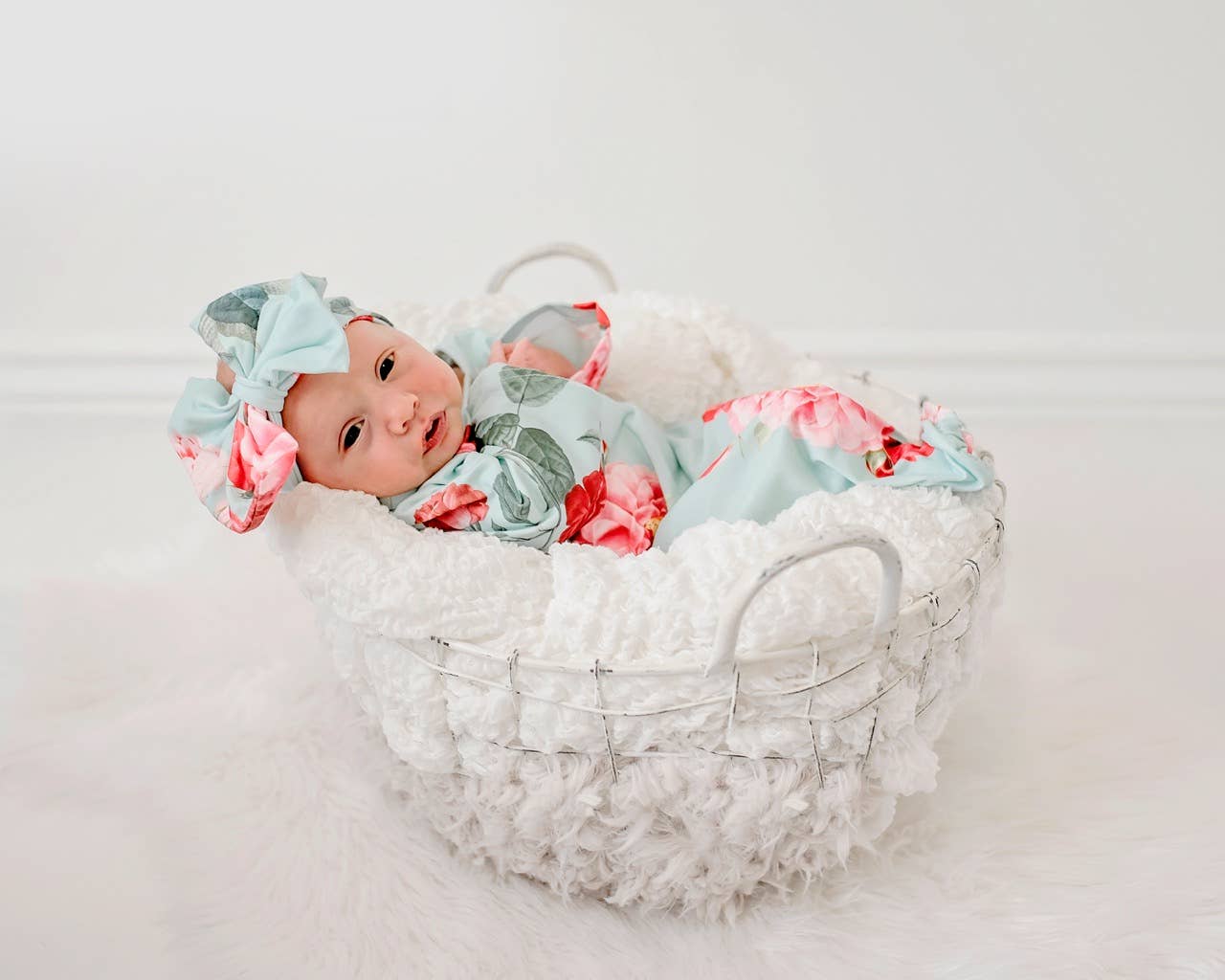 Adorable Sweetness - Infant Girls Teal Rose Baby Gown and Bow Headband