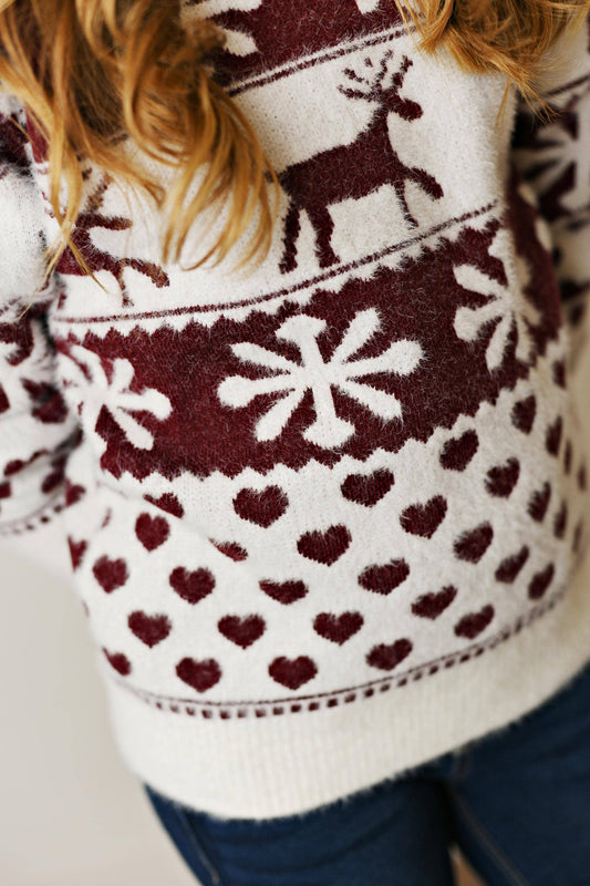 Kids Fuzzy Soft Burgundy Reindeer & Heart Winter Sweater