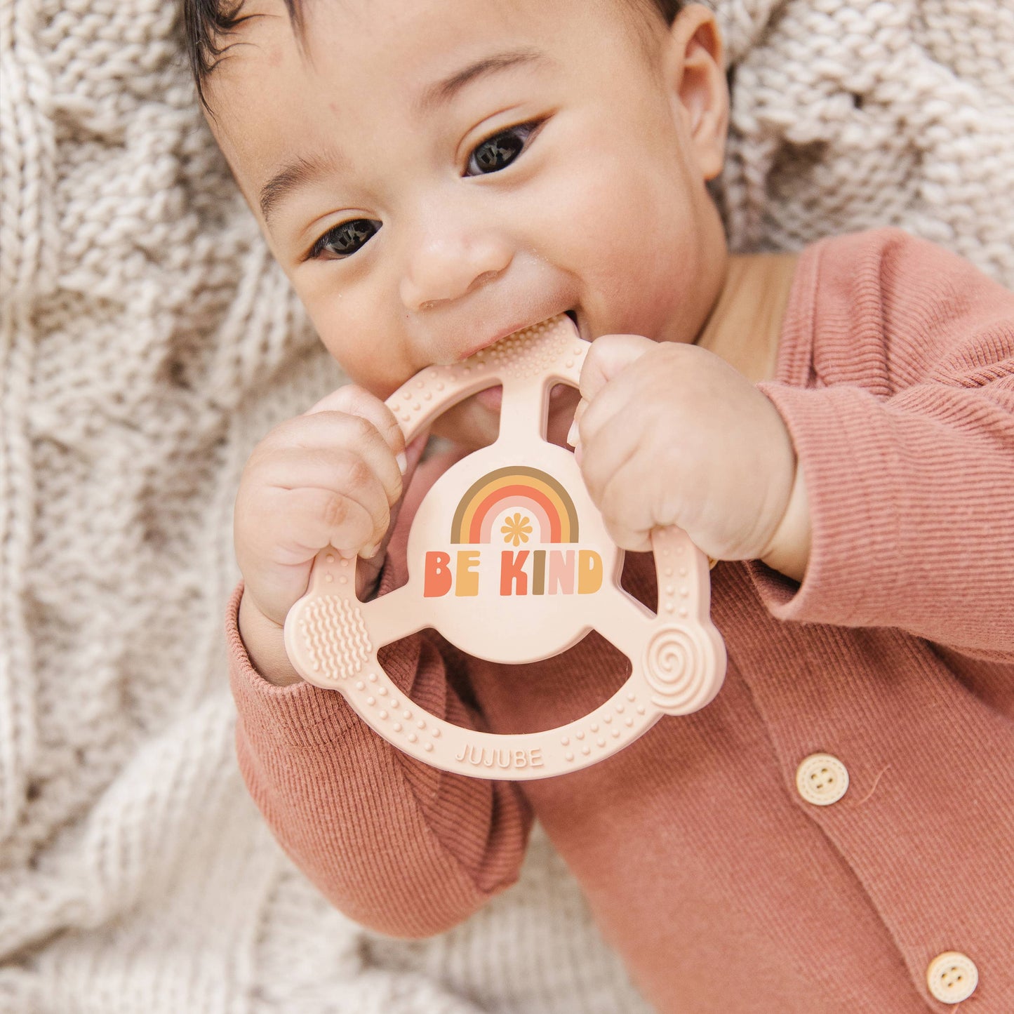 JuJuBe - Silicone Teether Ring with Detachable Clip Be Kind Rainbows