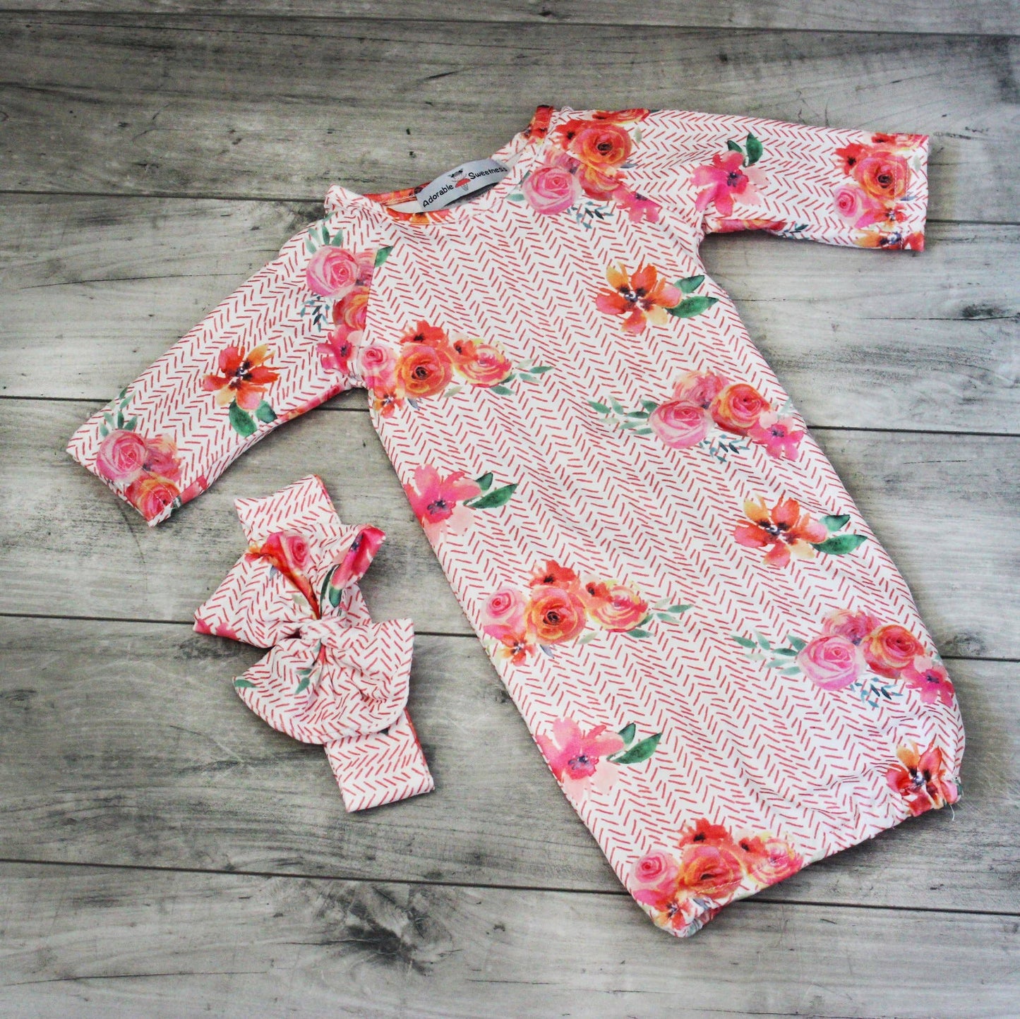 Adorable Sweetness - Infant Girls Peach Rose Baby Gown and Bow Headband