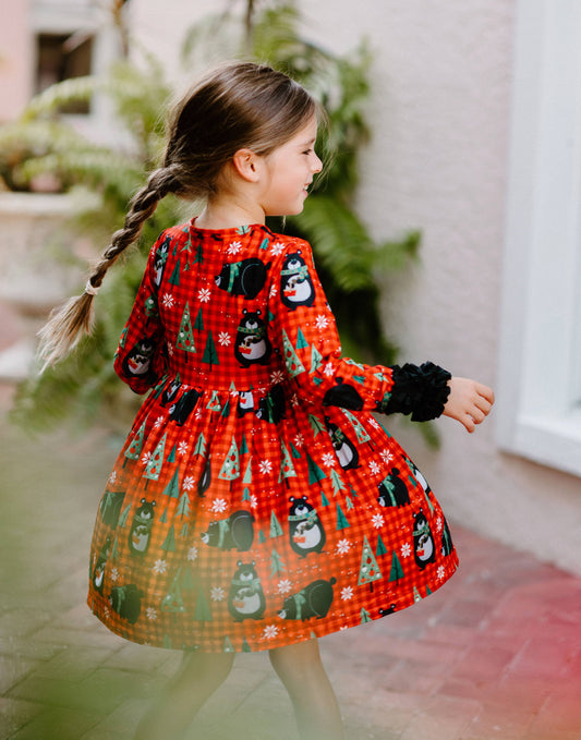 Christmas Winter Fun Girls Dresses - Red Check Black Bears