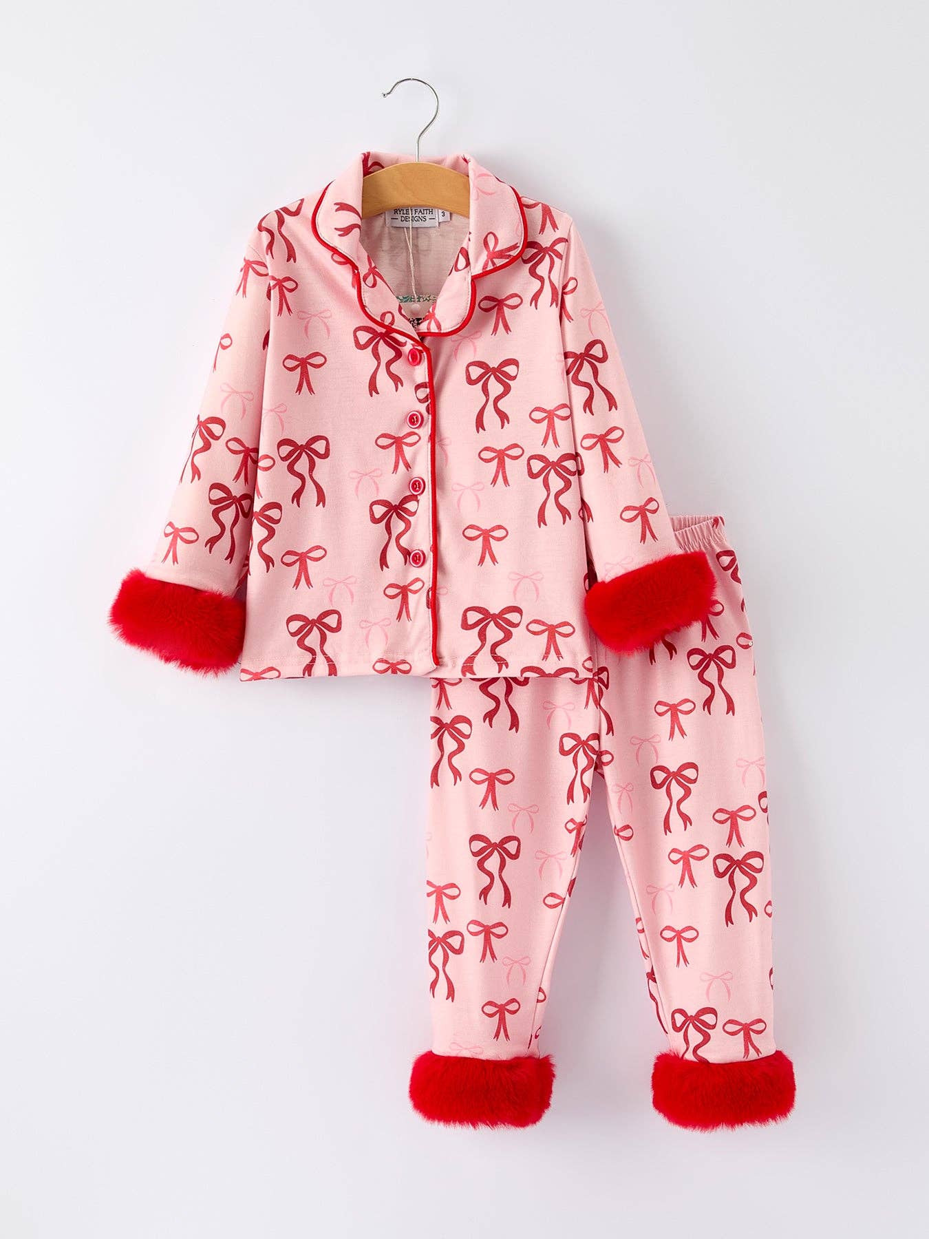 Rylee Faith Designs - Christmas Bow Girls Pajama Set with Furry Trim