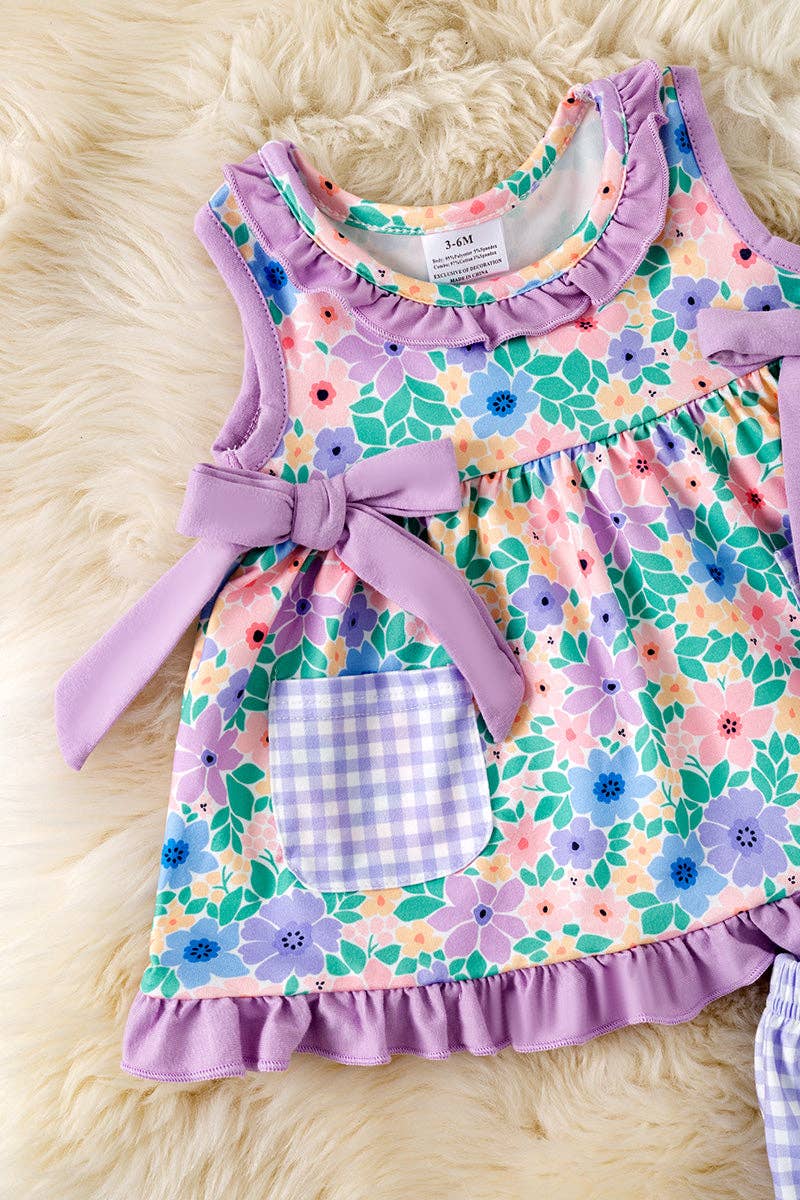 Kids Charm Online - Lilac trim floral printed runic and gingham pockets & pockets. RPG60329 JEAN