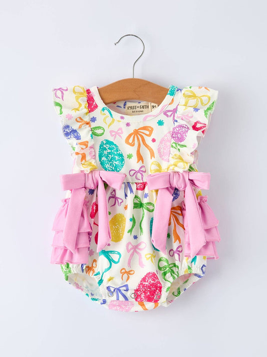 Rylee Faith Designs - Rainbow Easter Egg Print Bow Baby Girls Romper