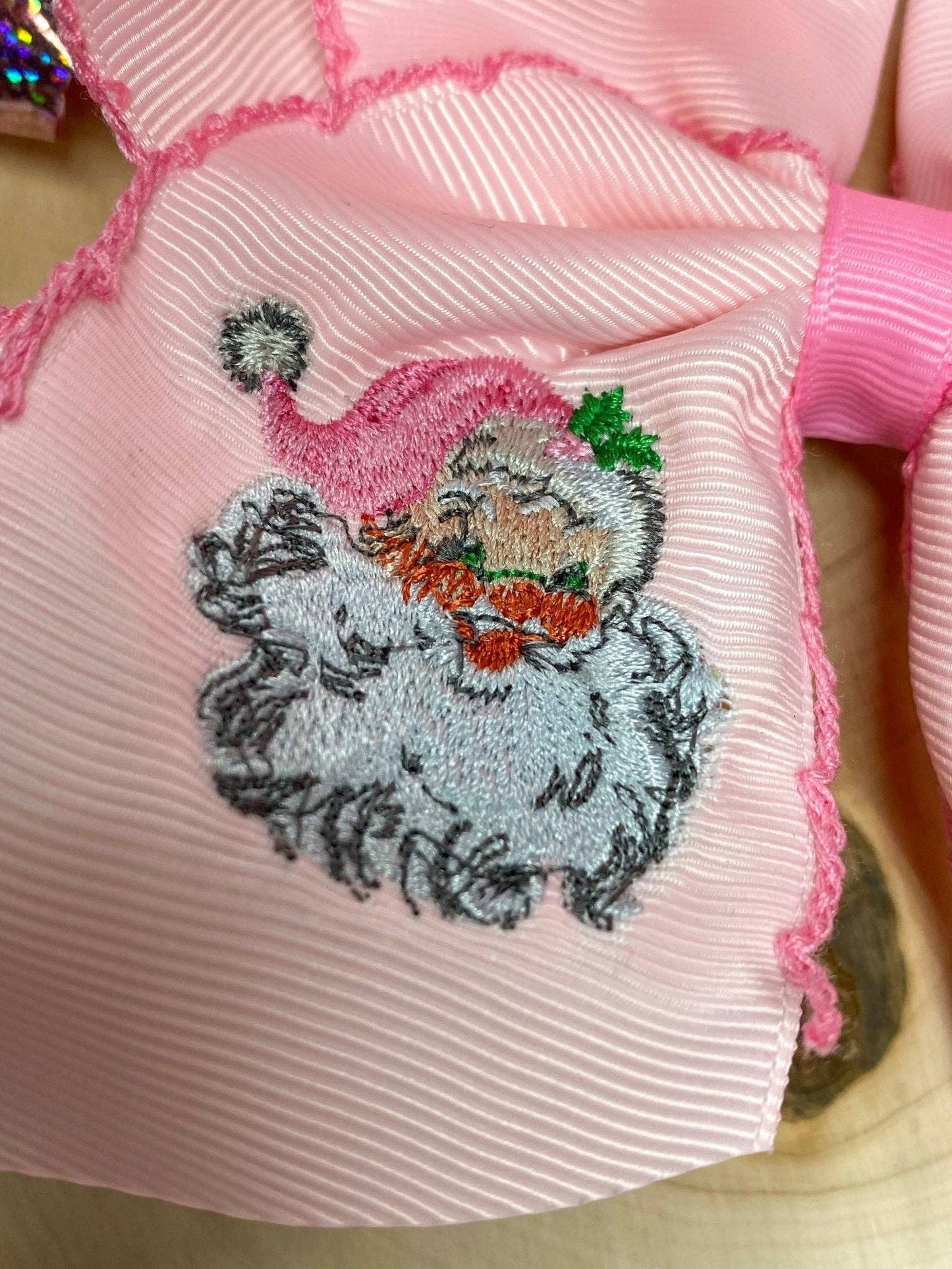 The Hair Bow Company - Pink Santa Embroidered Hair Bow | Clip or Headband