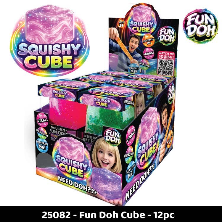 Novelty Brands - Fun Doh Squish & Squeeze Sparkle Cube Fidget Toy- 12/Display