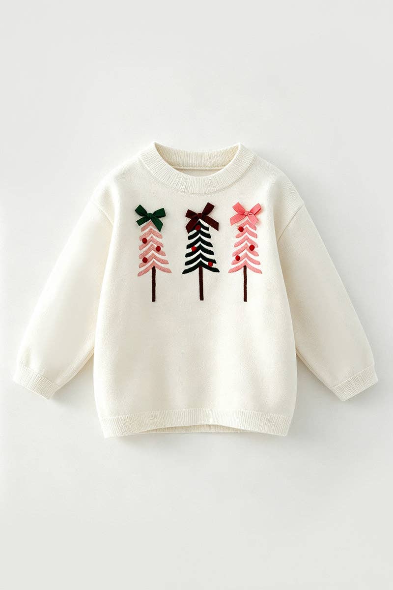 Multi color embroidered Christmas tree on white sweater