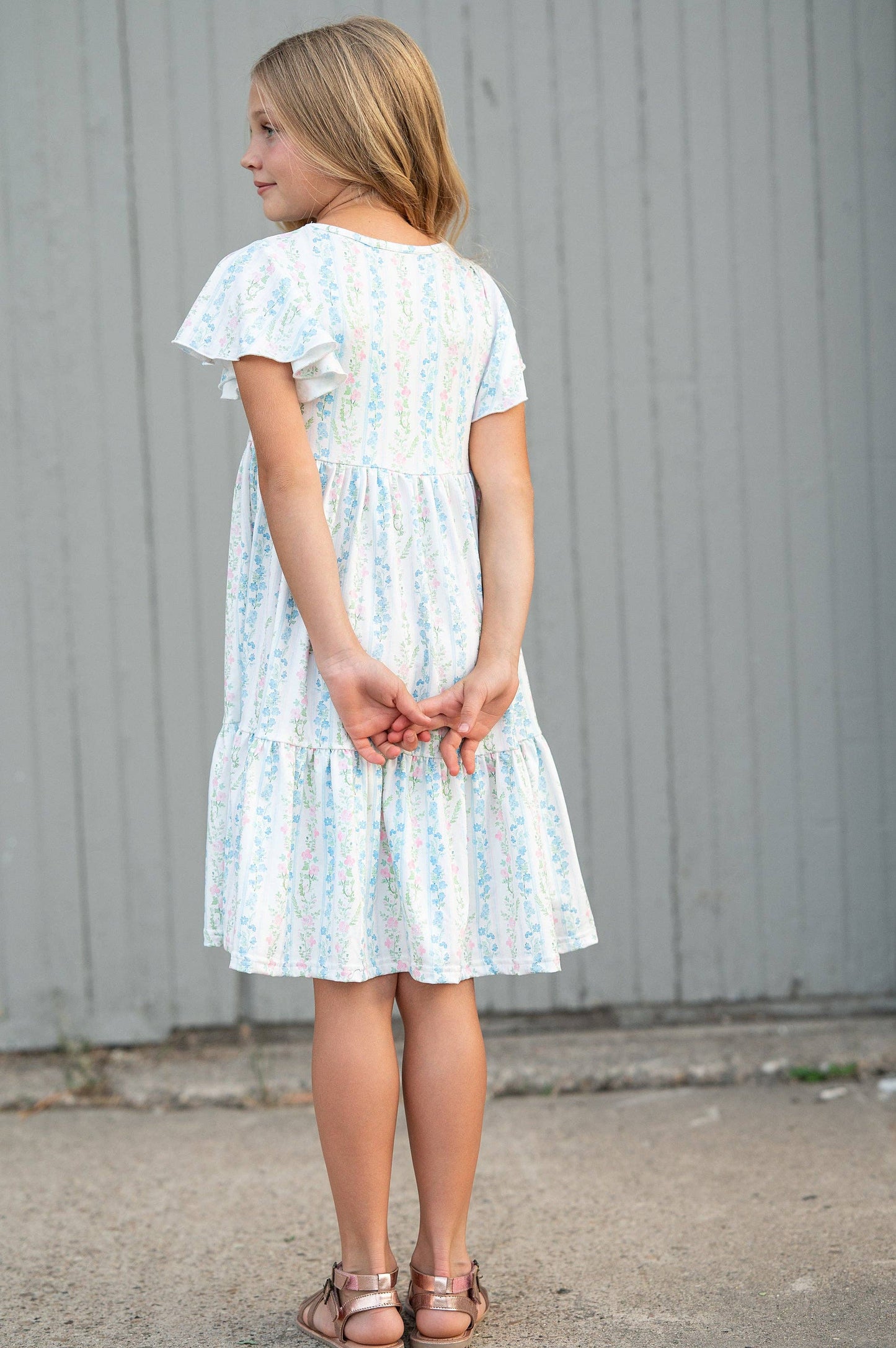 Emmy Dainty Pastel Floral Flutter Sleeve Twirl Dress