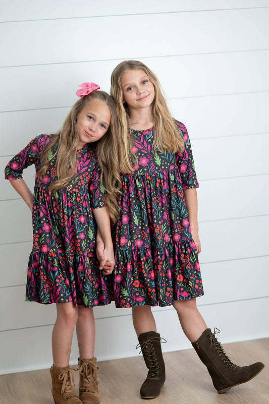 Oopsie Daisy - Girls Emma Dark Magenta Fall Floral Tiered Twirl Dress