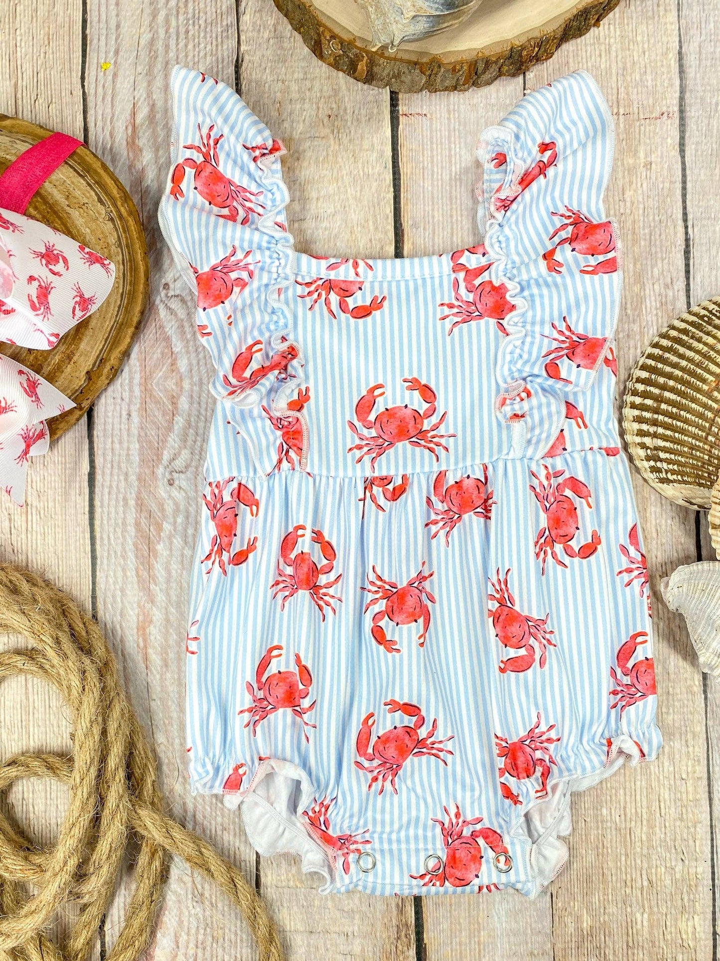 Coastal Crab Bubble Romper | Baby Ocean Print Ruffle Sunsuit