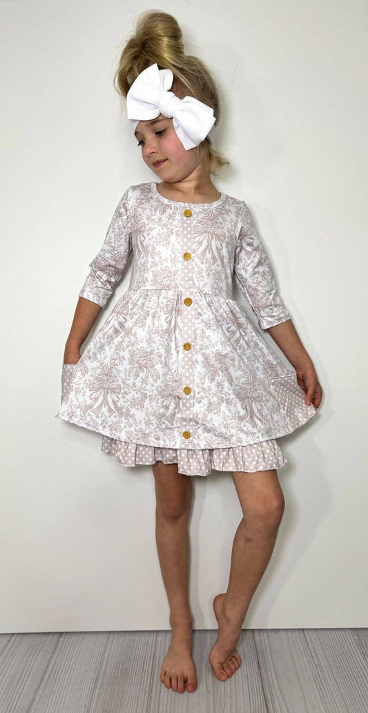 Clover Cottage - Fawn Damask Girls Dress