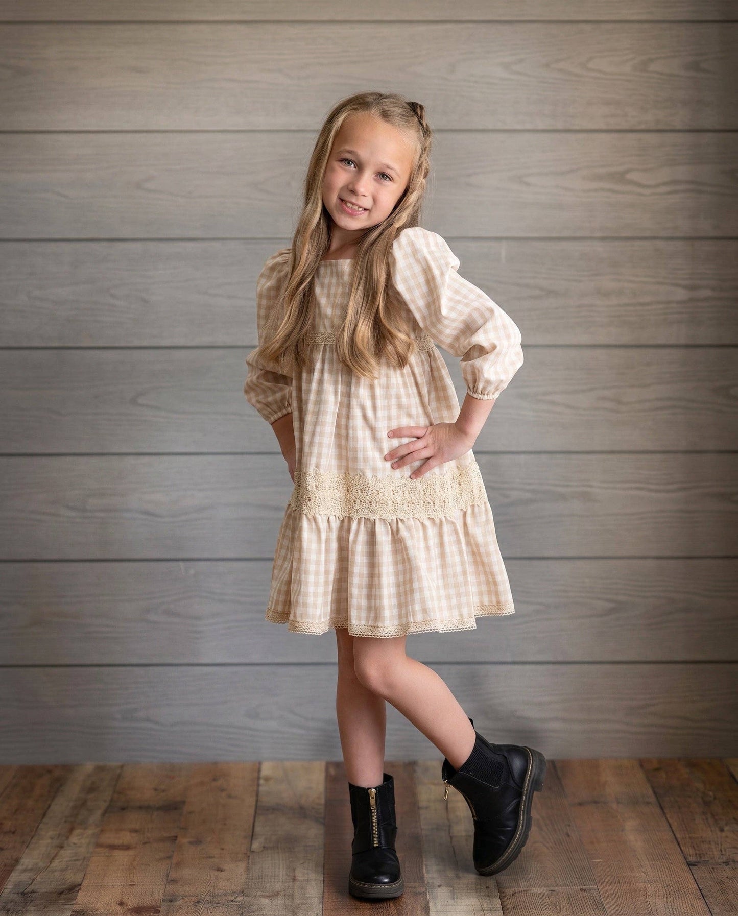 Oopsie Daisy - Girls Tan Gingham & Vintage Lace Puff Sleeve Tiered Dress