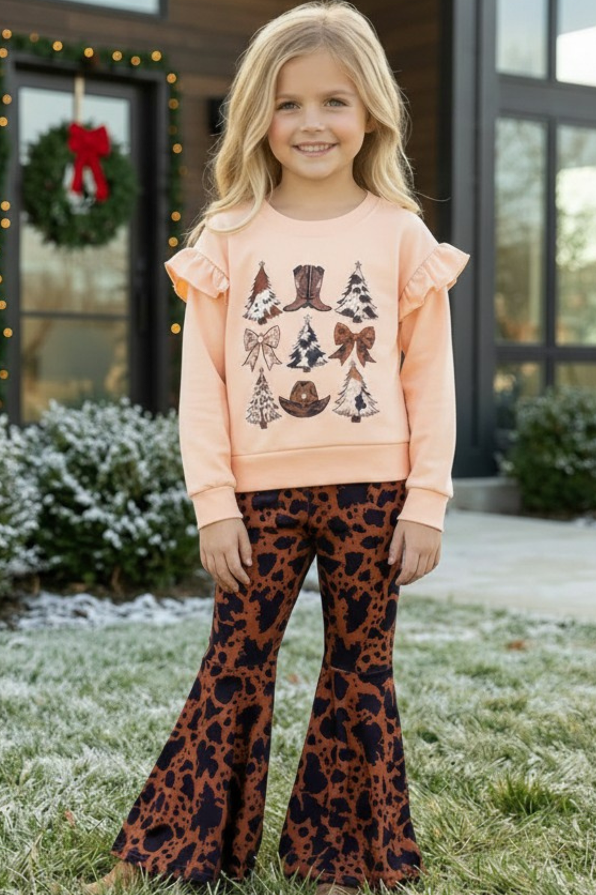 Cow print Christmas tree sweatshirt & bell bottoms