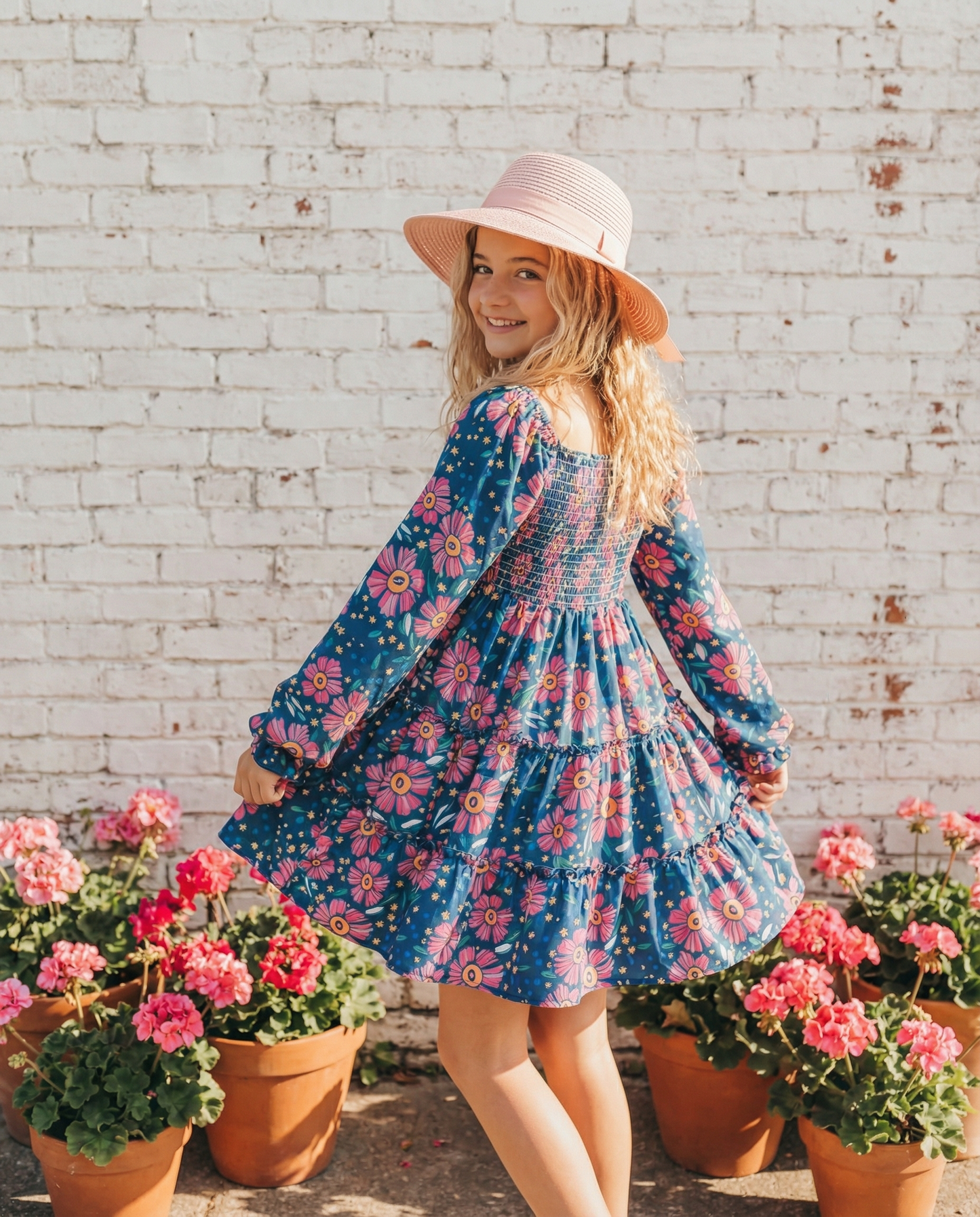 Oopsie Daisy - Girls Grace Blue & Pink Flower 3 Tiered Smocked Dress