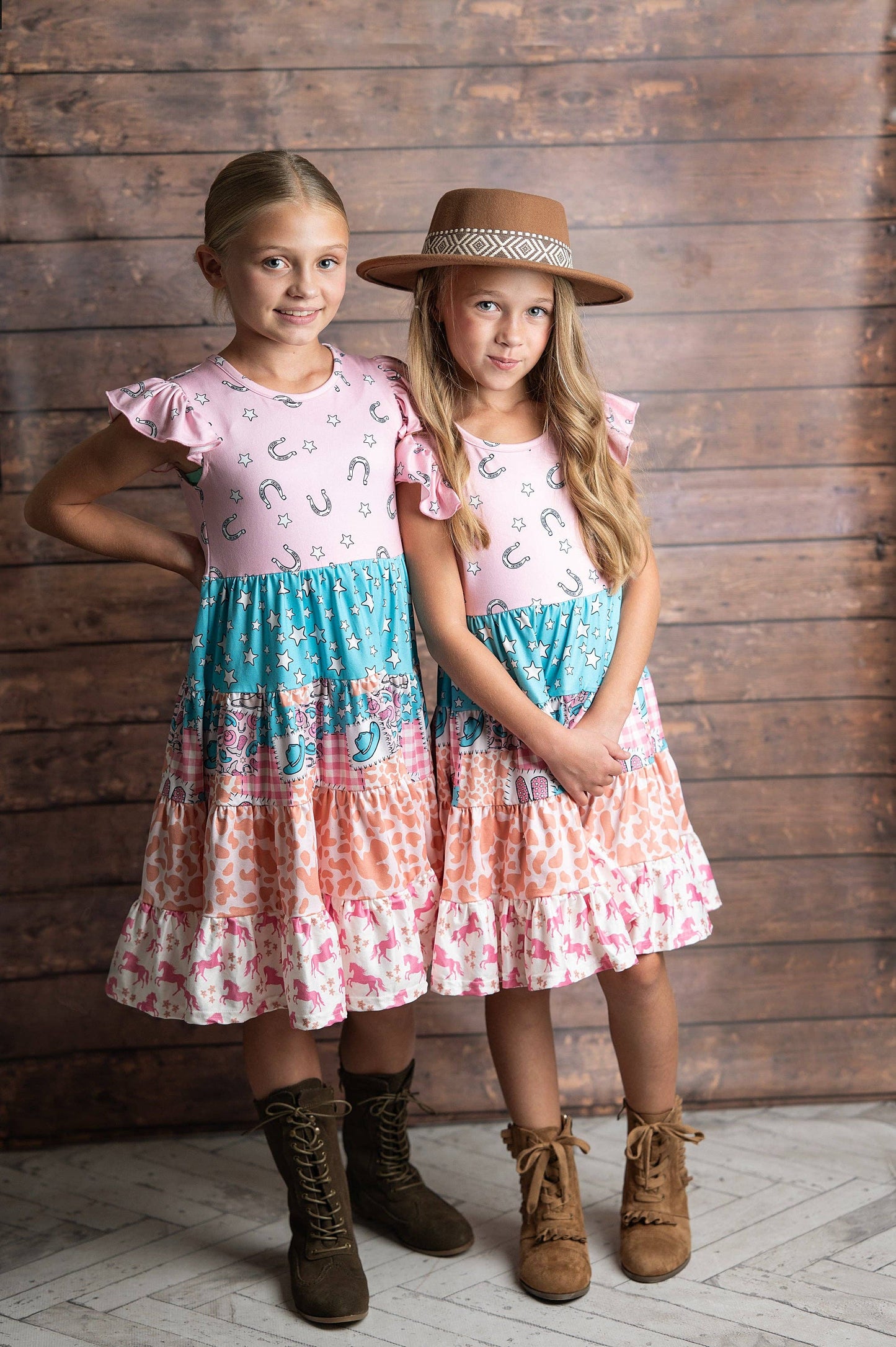 Girls Pink Blue Cowgirl Ruffle Tiered Summer Spring Dress