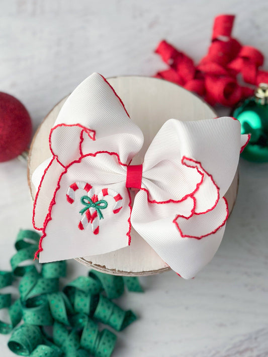 The Hair Bow Company - Candy Cane Embroidered Moonstitch Hair Bow