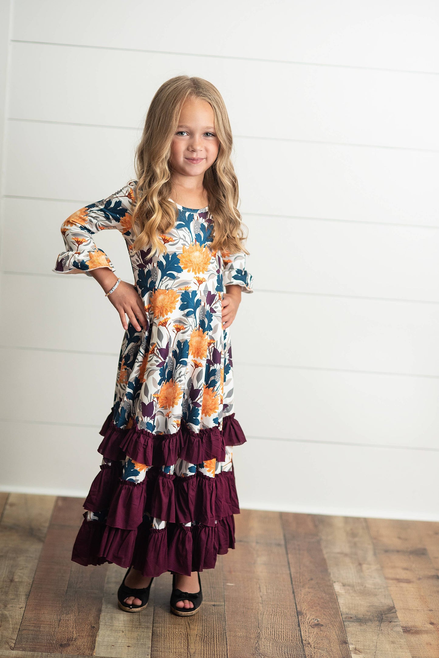 Kids Mustard & Plum Long Sleeve Ruffles Dress
