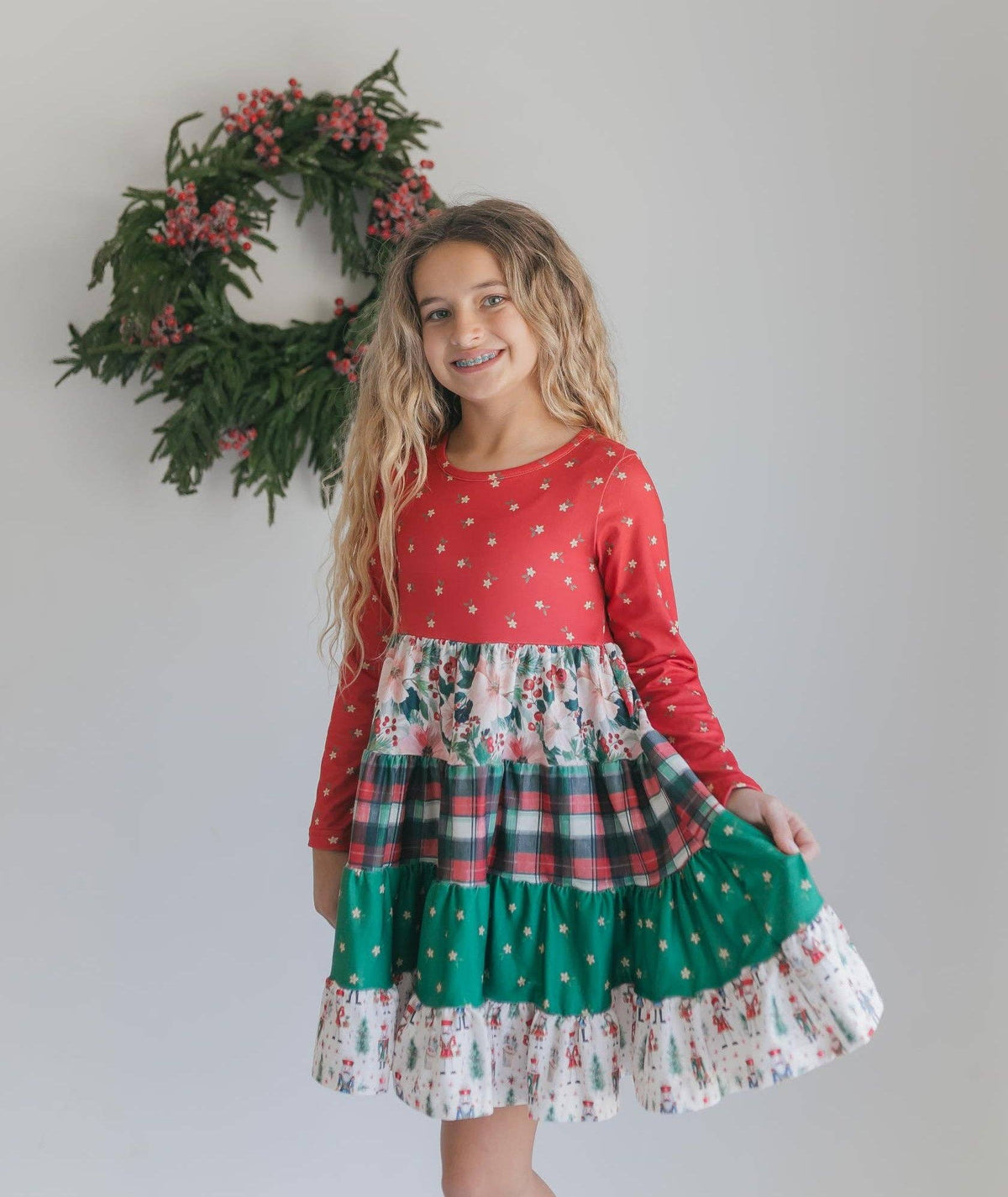 Oopsie Daisy - Girls Avery Long Sleeve Tiered Christmas Holiday Twirl Dress