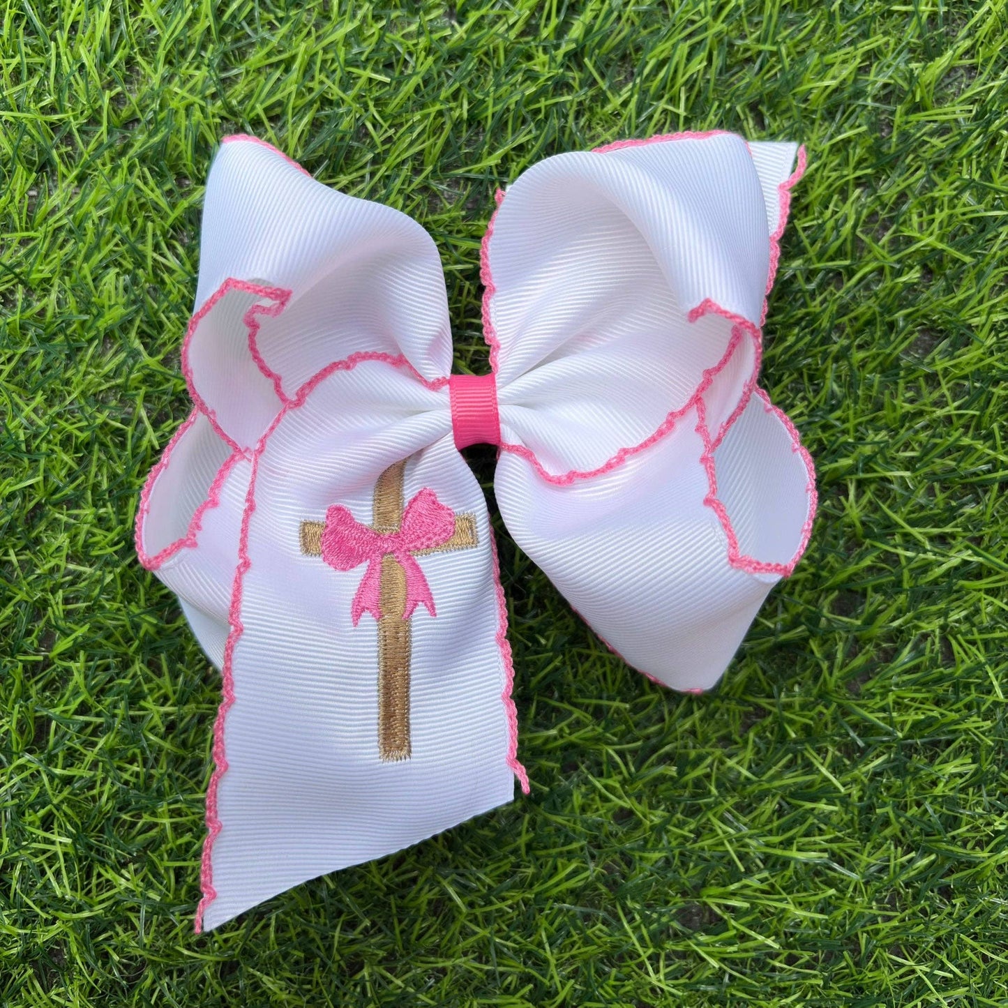 5" Easter embroidered hair bows with moon stitch trim