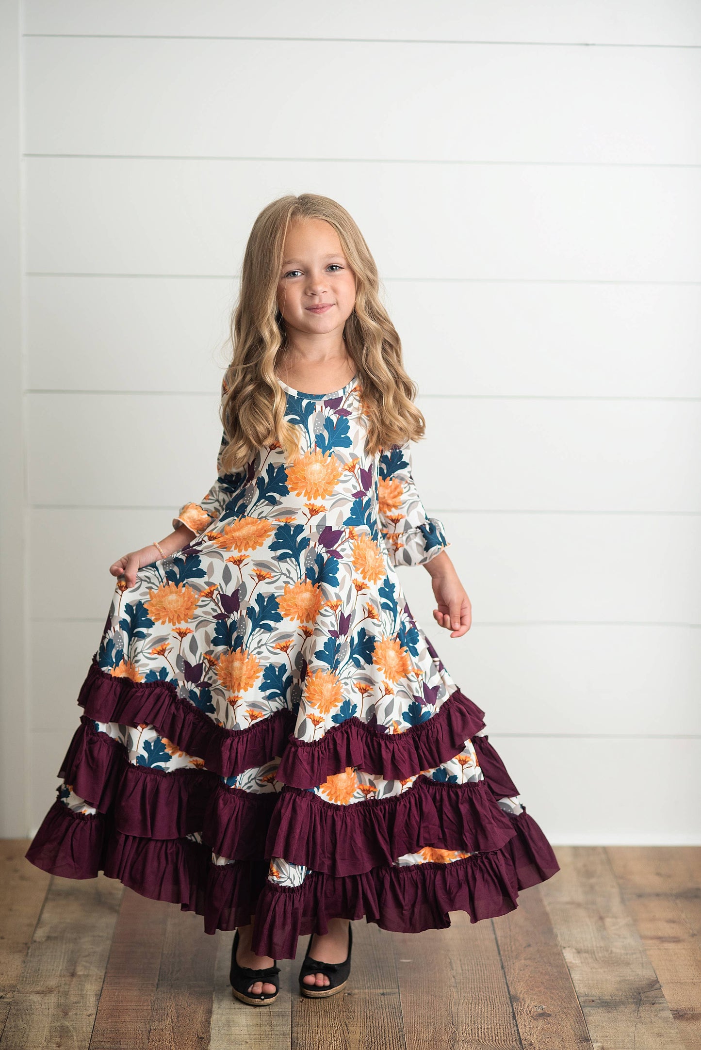 Kids Mustard & Plum Long Sleeve Ruffles Dress