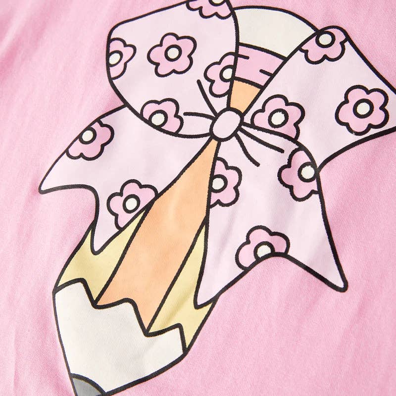Girls Back To School Pencil Print Pink Cotton Top Pant Set