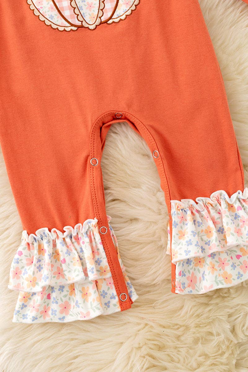 Kids Charm Online - Orange baby romper w/ floral applique pumpkin & snaps. RPG62709 SOL