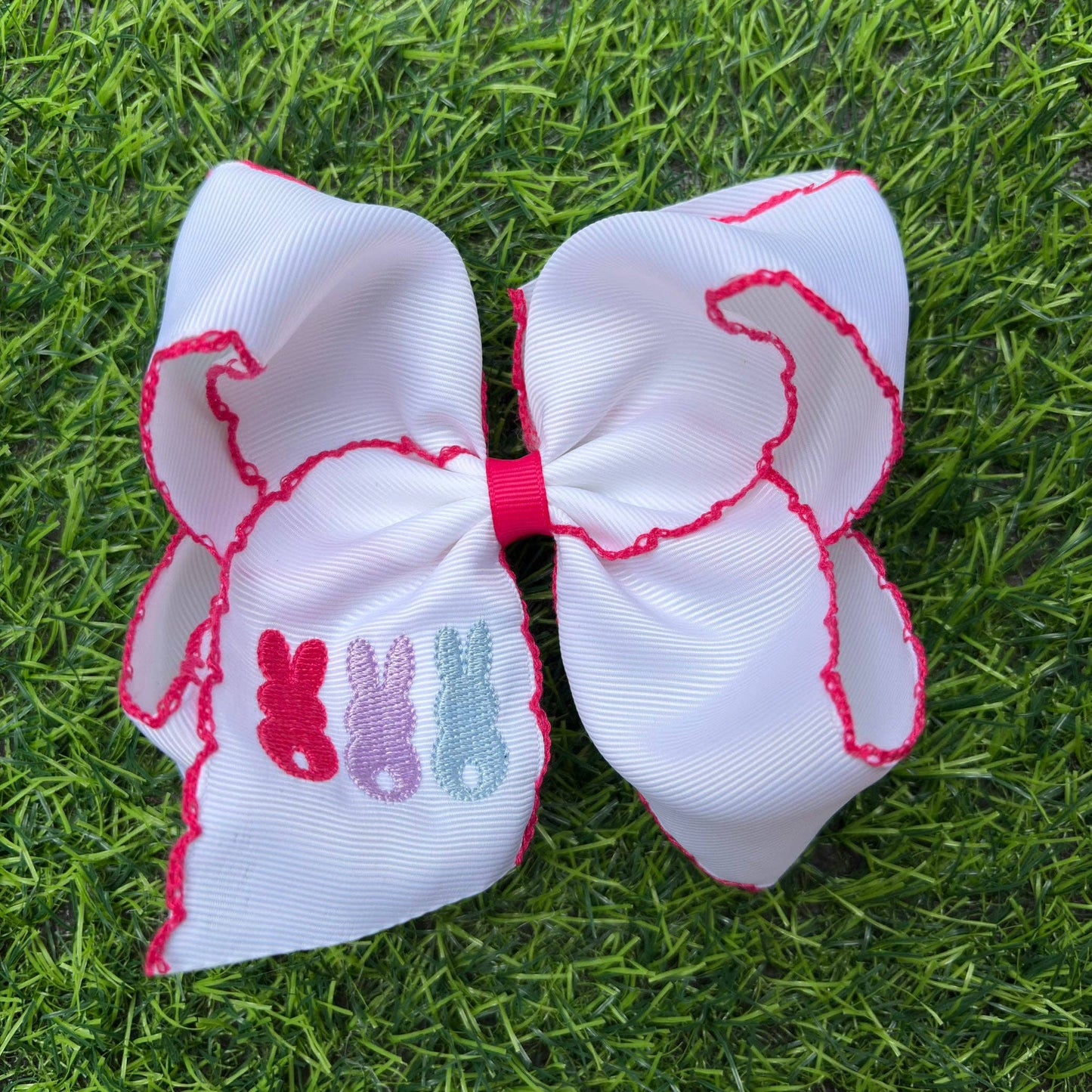 5" Easter embroidered hair bows with moon stitch trim