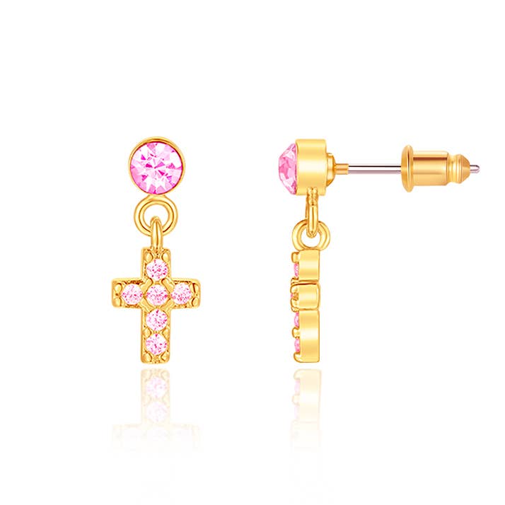 Girl Nation - Little Luxe Drop Earrings | Cross with Pink Cubic Zirconia